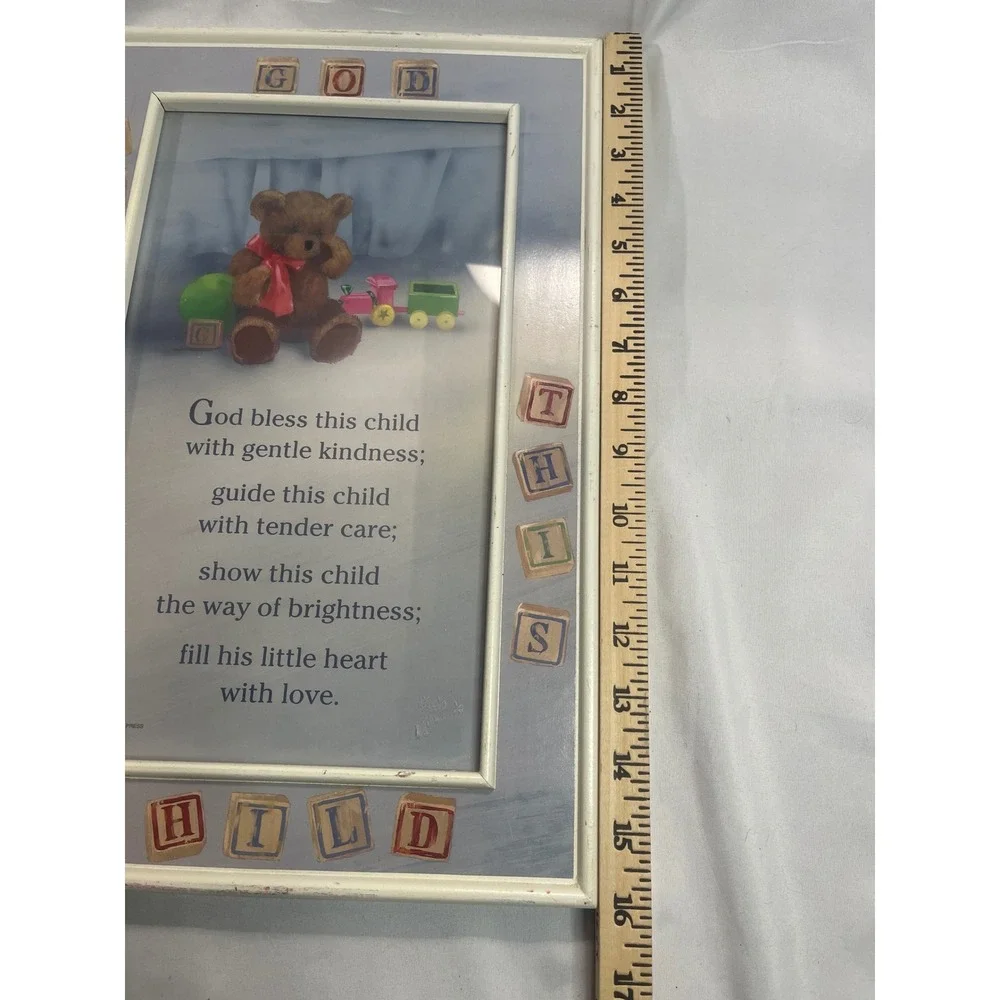 Vintage 1992 Abbey Press God Bless This Child Framed Nursery Wall Art Teddy Bear